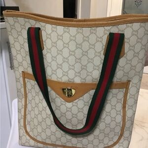 Gucci Cream and Tan Tote with Green and Red Straps